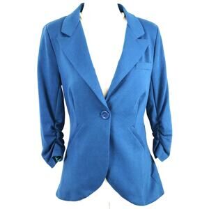 Mod Cloth Teal Blue Blazer Jacket Womens Small Cotton Career Ruched Sleeves